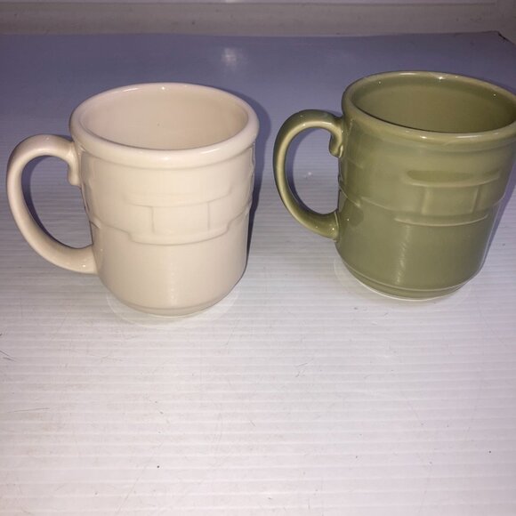 Longaberger Pottery Woven Traditions Sage Green Off White Coffee Mugs - Picture 2 of 8